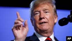 President Donald Trump speaks during a news conference before departing the NATO Summit in Brussels, Belgium, July 12, 2018.