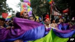 Indian gay rights activists and their supporters march during New Delhi’s gay pride parade in New Delhi, Nov. 27, 2016.