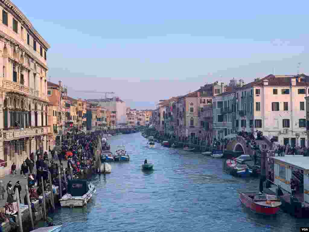 The Venice canal where carnival floats were expected later, to kick off the Venice Carnival, in Venice, Italy, Feb. 8, 2020.