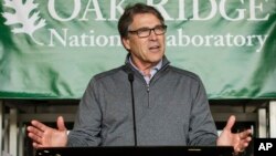 FILE - U.S. Energy Secretary Rick Perry speaks at Oak Ridge National Laboratory's Manufacturing Demonstration Facility in Knoxville, Tennessee, May 22, 2017.