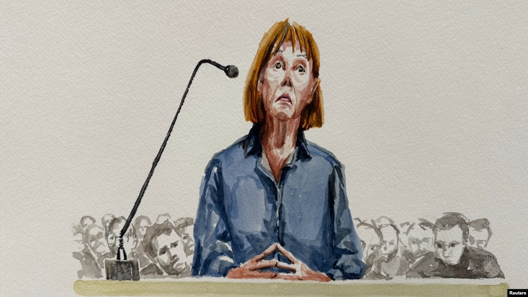 Gisele Pelicot, who has allegedly been drugged and raped by men solicited by her then-husband, Dominique Pelicot, talks during the trial of her husband and 50 other defendants at the courthouse in Avignon, France, Sept. 18, 2024, in this courtroom sketch.