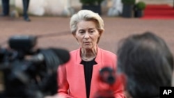 European Commission President Ursula von der Leyen talks to the media during the European leaders' summit to discuss Ukraine, hosted by Britain's Prime Minister Keir Starmer, at Lancaster House, London, March 2, 2025. 