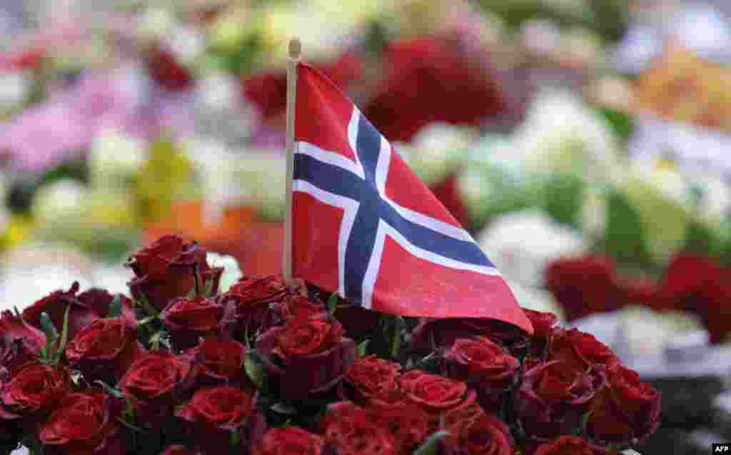 A Norwegian flag sticks out of a bunch of red roses placed on the market square outside the Oslo cathedral to mourn the victims of a bomb blast in the Norwegian capital and a rampage on an island in the countryside July 23, 2011. A bomb ripped through Osl