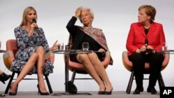 Ivanka Trump, daughter and adviser of U.S. President Donald Trump, International Monetary Fund Managing Director Christine Lagarde and German Chancellor Angela Merkel, from left, attend a panel at the W20 Summit in Berlin, April 25, 2017. 