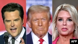 Esta combinación de imágenes creada el 21 de noviembre de 2024 muestra al representante estadounidense Matt Gaetz el 17 de julio de 2024, al presidente electo Donald Trump el 4 de noviembre de 2024 y a la exfiscal general de Florida Pam Bondi el 25 de agosto de 2020.