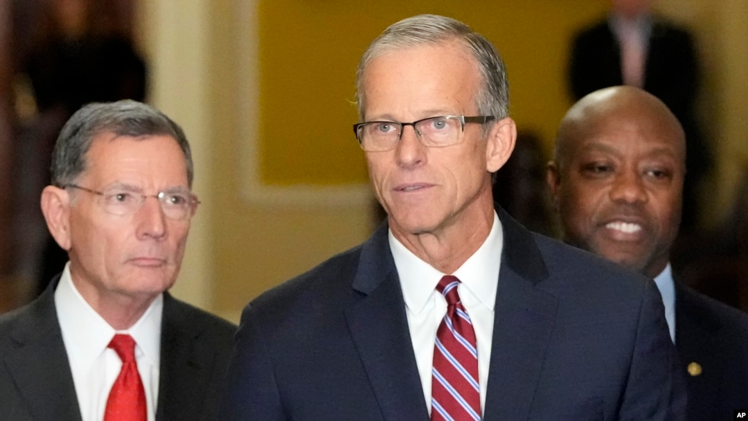 Newly-elected Senate Majority Leader Sen. John Thune, R-S.D., center, flanked by Sen. John Barrasso, R-Wyo., left, and Sen. Tim Scott, R-S.C., right, speaks at a news conference on Capitol Hill, Nov. 13, 2024, in Washington.