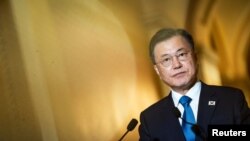 South Korean President Moon Jae-in speaks during a meeting with U.S. House Speaker Nancy Pelosi at the U.S. Capitol in Washington, May 20, 2021. 