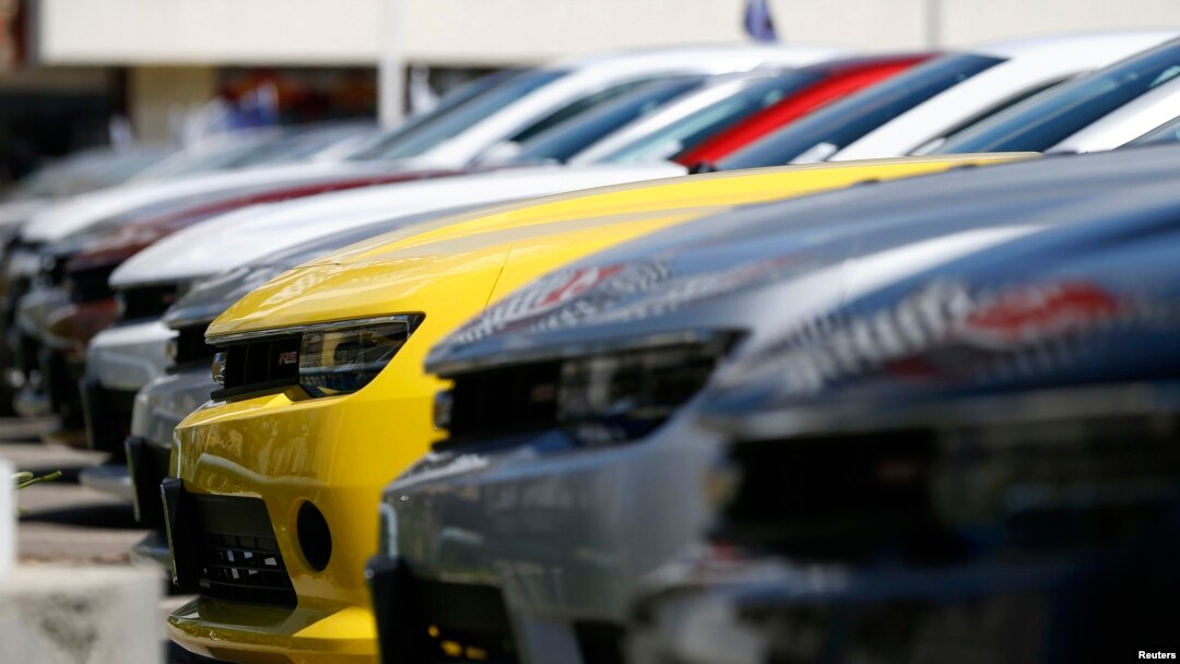 A group of Chevrolet Camaro cars for sale is pictured at a car dealership in Los Angeles, California, April 1, 2014.