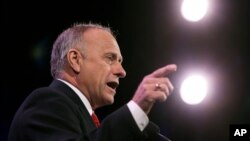 FILE - Rep. Steve King, R-Iowa, speaks during the Freedom Summit, Jan. 24, 2015, in Des Moines, Iowa. 