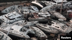 Boats wrecked by Hurricane Irma are seen from a plane in Sint Maarten, Netherlands September 11, 2017. 