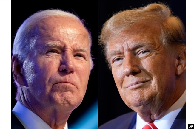 FILE - This combo image shows President Joe Biden, left, Jan. 5, 2024 and Republican presidential candidate former President Donald Trump, right, Jan. 19, 2024. (AP Photo, File)