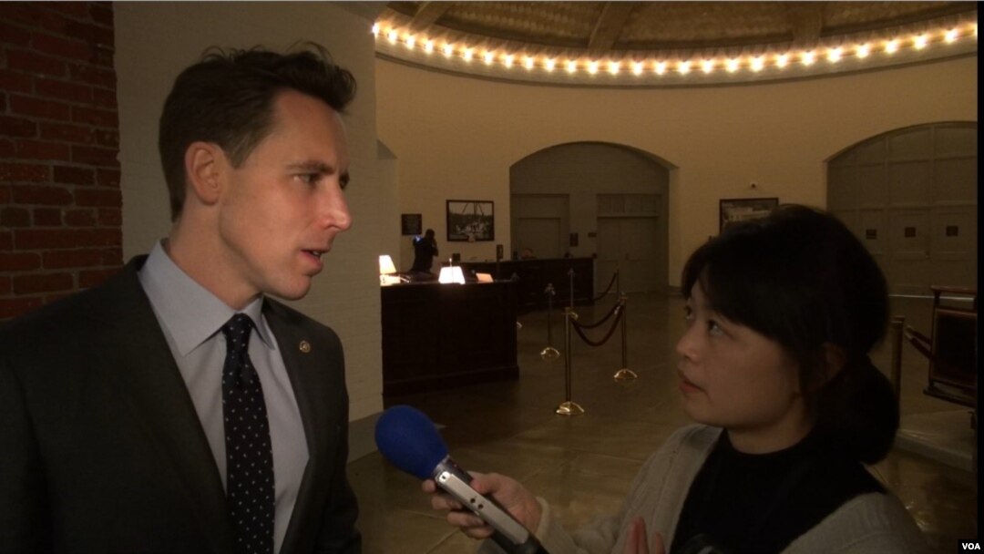 美國聯邦參議員霍利在國會大廈內接受美國之音採訪。(2019年11月18日) 
