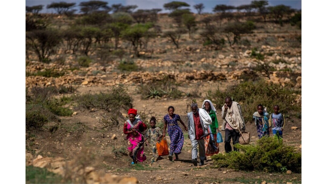 FILE - People walk from a rural area toward a nearby town where a food distribution site operated by the Relief Society of Tigray was taking place, near Agula, in the Tigray region of northern Ethiopia, May 8, 2021.