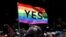 Supporters of the "Yes" vote for marriage equality celebrate, Nov. 15, 2017, after it was announced the majority of Australians support same-sex marriage in a national survey. Saturday the first two couples wed.