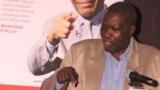 South Sudanese veteran journalist Alfred Taban addresses the crowd at the launch of the new VOA transmitter in Juba, March 21, 2013. (VOA/Mugume Davis Rwakaringi)