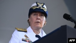 FILE - Admiral Linda Fagan speaks at the U.S. Coast Guard change of command ceremony at USCG Headquarters in Washington, on June 1, 2022. 