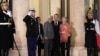 French President Emmanuel Macron, center, poses with European Council President Antonio Costa, left, and European Commission President Ursula von der Leyen as they leave the Elysee Palace after a meeting of leaders from key EU countries and Britain, in Paris, Feb. 17, 2025. 