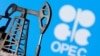 FILE - A 3D printed oil pump jack is seen in front of displayed OPEC logo in this illustration picture, April 14, 2020. 