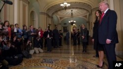 President AS terpilih Donald Trump, didampingi istrinya Melania, berbicara kepada media di Capitol Hill di Washington (10/11). 