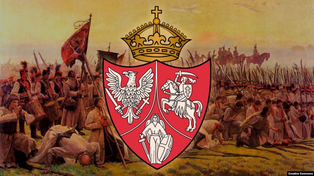Герб Речи Посполитой трех народов времен восстания Калиновского в 1863 году. На фоне картины Юзефа Хелмонского «Молитва перед бурей»