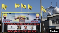 A sign outside the Guru Nanak Sikh Gurdwara temple is seen after the killing on its grounds in June 2023 of Sikh leader Hardeep Singh Nijjar, in Surrey, British Columbia, Canada September 18, 2023. (REUTERS/Chris Helgren)
