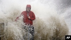 Un reporter, en plein milieu des vagues, couvre l’approche de l'ouragan Hermine près d'un mur de la mer à Cedar Key, en Floride, 1er septembre 2016. 