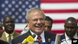 U.S. Ambassador to Kenya and former two-star Air Force general Scott Gration, speaks to the media at a U.S. Independence Day event held at the ambassador's residence in Nairobi, Kenya, July 4, 2012.