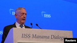 U.S. Defense Secretary Jim Mattis speaks during the second day of the 14th Manama dialogue, Security Summit in Manama, Bahrain, Oct. 27, 2018.