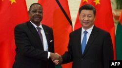 Le président du Malawi, Arthur Peter Mutharika, serre la main du président chinois Xi Jinping avant leur rencontre bilatérale au Grand Palais du Peuple à Beijing le 1er septembre 2018.