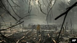 Petugas pemadam kebakaran mencari jenazah korban di sebuah taman trailer yang hangus karena amukan "Camp Fire", di Paradise, California, Jumat, 16 November 2018. (Foto: dok).