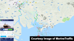 북한산 석탄을 싣고 항해 중인 '동탄호'의 지난 8일 위치(붉은 원). 닷새째 베트남 해역에 머물고 있다. 마린트래픽(MarineTraffic) 제공.