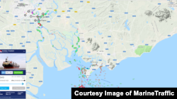 북한산 석탄을 싣고 항해 중인 '동탄호'의 6월 8일 위치(붉은 원). 닷새째 베트남 해역에 머물고 있다. 마린트래픽(MarineTraffic) 제공.