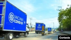 Camiones que trasladaron 36.000 dosis donadas por El Salvador a Honduras. Foto cortesía Gobierno de El Salvador.