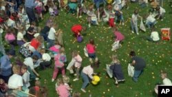 Children hunt for eggs Saturday, April 8, 1995, in New Berlin, Ill., during the "World's Largest Easter Egg Hunt" sponsored by Bank One and the Illinois Department of Children and Family Services. Children hurried around trying to find as many eggs as possible because prizes included a $1,000 U.S. Savings bond, a Bahama cruise and candy. (AP Photo/Judy Spencer)