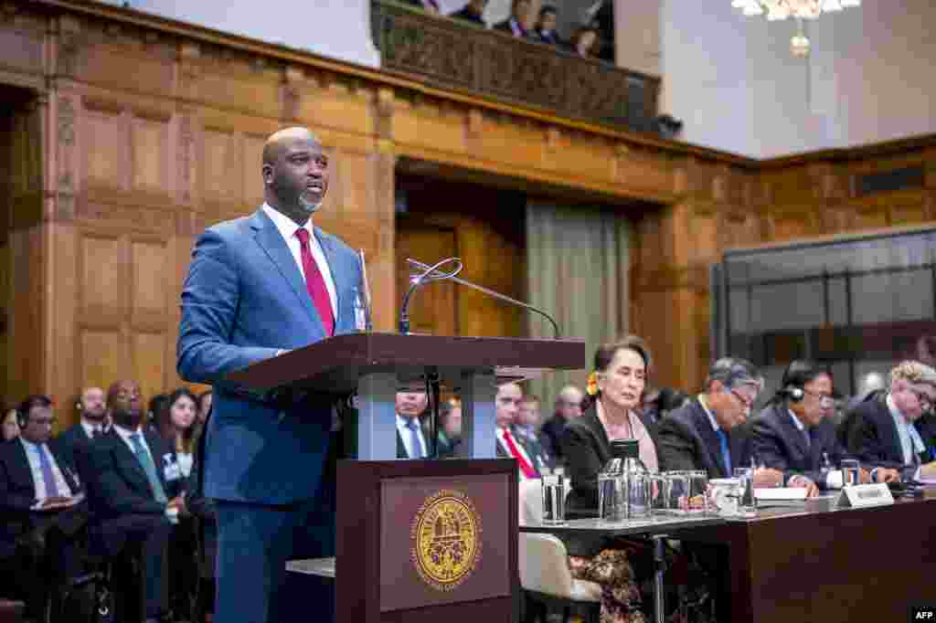 A handout photo released on December 10, 2019 by the International Court of Justice shows Gambian politician and lawyer Abubacarr Marie Tambadou a.k.a Ba Tambadou speaking at the start of a three-day hearing on the Rohingya genocide case before the UN Int