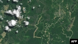 Dalam citra satelit Earth Observatory NASA yang diambil pada April 2022 ini, tampak pemandangan lokasi pembangunan Ibu Kota Nusantara atau IKN di pulau Kalimantan. (Foto: NASA Earth Observatory/AFP)