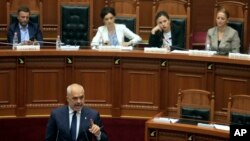 Albanian Prime Minster Edi Rama speaks during a parliament session in Tirana,, July 8, 2019.