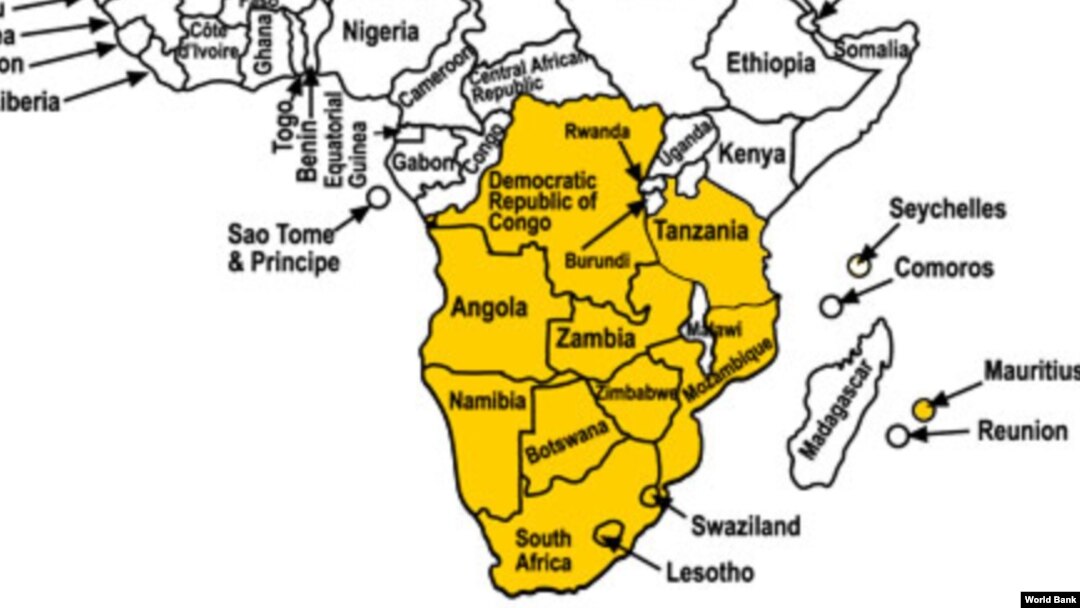 Mapa dos países da SADC