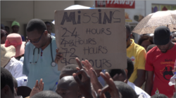 FILE - Zimbabwe’s doctors and nurses protest the disappearance of Peter Magombeyi, acting president of the Zimbabwe Hospital Doctors Association, in Harare, Sept. 19, 2019. (C. Mavhunga/VOA)