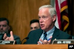 FILE - Republican Senator Ron Johnson questions witnesses during a hearing on Capitol Hill in Washington, July 16, 2019.