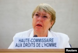 U.N. High Commissioner for Human Rights Michelle Bachelet speaks during a special session of the Human Rights Council on the situation in Afghanistan, at the European headquarters of the United Nations in Geneva, Aug. 24, 2021.