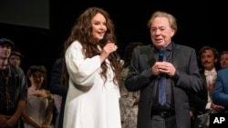 Sarah Brightman and Andrew Lloyd Webber appear at the curtain call for "The Phantom of the Opera" following the final Broadway performance at the Majestic Theatre on April 16, 2023, in New York.