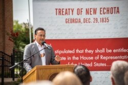 Cherokee Nation principal chief Chuck Hoskin, Jr., announcing his intention to send a delegate to U.S. Congress, in Tahlequah, Oklahoma, Aug. 22, 2019.