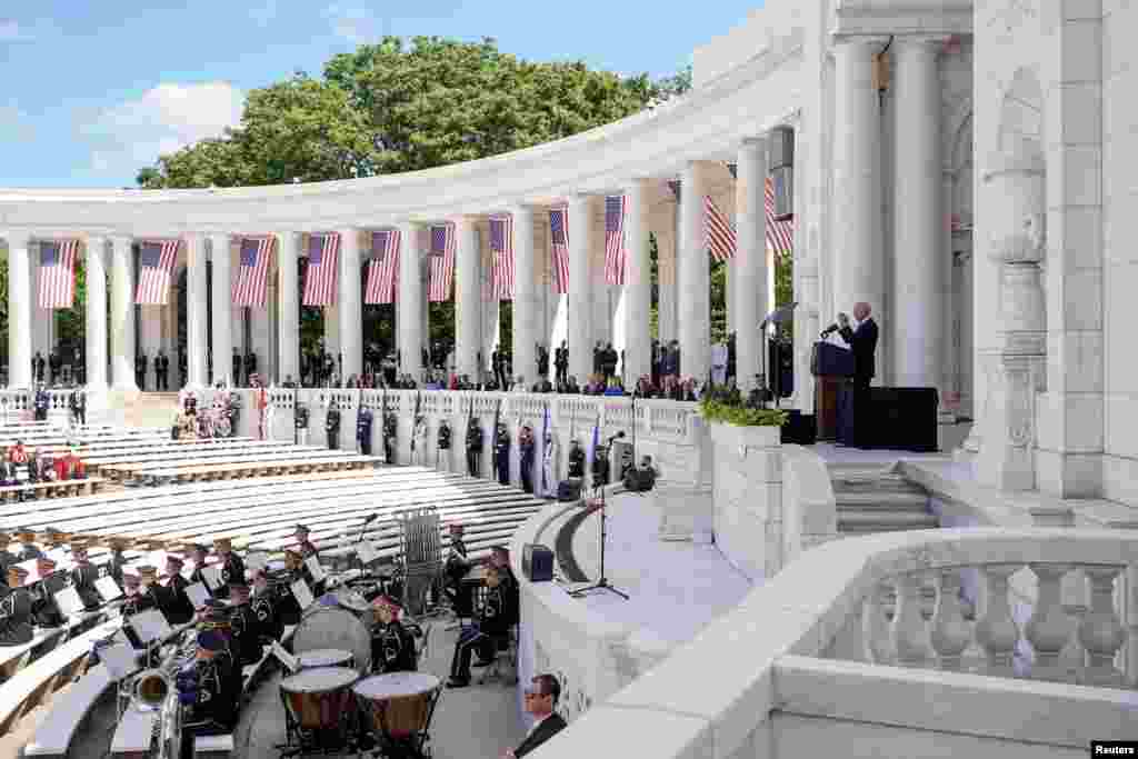 U.S. President Joe Biden delivers the Memorial Day speech during the National Memorial Day observance at Arlington National Cemetery in Arlington, Virginia.