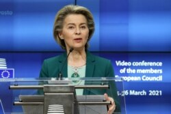 European Commission President Ursula von der Leyen delivers a joint press conference with the European Council President over video conference at the European Council Building in Brussels, Belgium, March 25, 2021.