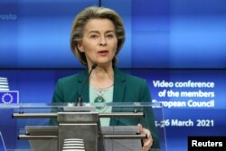 European Commission President Ursula von der Leyen delivers a joint press conference with the European Council President over video conference at the European Council Building in Brussels, Belgium, March 25, 2021.