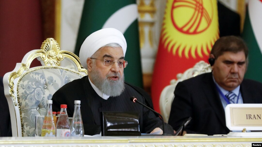 IPresiden Iran Hassan Rouhani berpidato pada Conference on Interaction and Confidence-Building Measures in Asia (CICA) di Dushanbe, Tajikistan, 15 Juni 2019