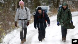 A group of migrants moves through a forest on the Pljesevica Mountain in a attempt to illegally cross the border into Croatia, in Bihac, Bosnia, Nov. 28, 2018.