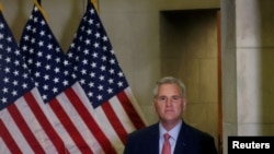 U.S. House Speaker Kevin McCarthy (R-CA) emerges from his office to deliver a statement on allegations surrounding U.S. President Joe Biden and his son Hunter Biden on Capitol Hill in Washington, U.S., September 12, 2023.