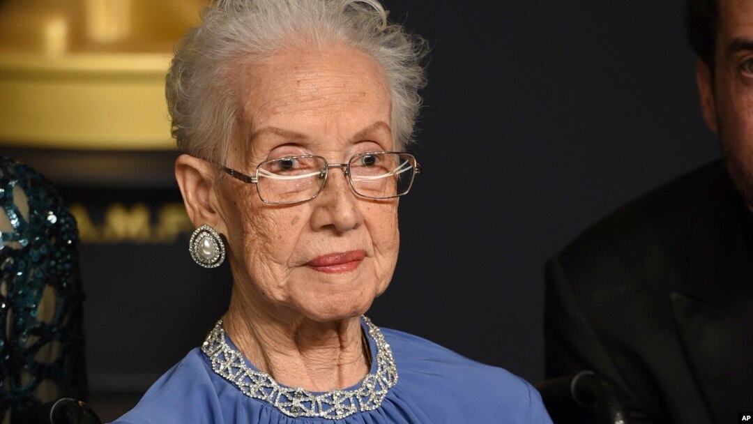 FILE - Former NASA mathematician Katherine Johnson, the inspiration for the film "Hidden Figures," poses in the press room at the Oscars at the Dolby Theatre in Los Angeles, California, Feb. 26, 2017.